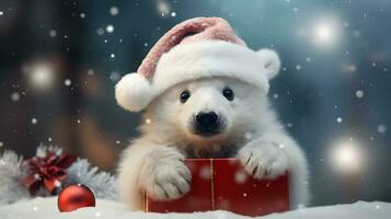 super mignonne blanc polaire ours dans Père Noël chapeau avec boite cadeau. ai généré image photo