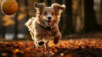 chien pièces avec Balle dans l'automne parc photo