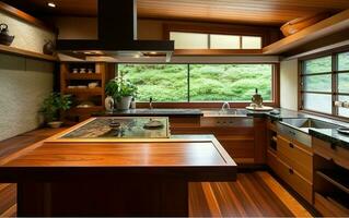 côté vue sur une en bois table et spacieux grenier cuisine avec ancien décor et en bois armoires. ai, génératif ai photo