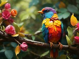 une coloré oiseau dans forêt ai généré photo