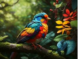 une coloré oiseau dans forêt ai généré photo