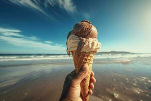 main tenir la glace crème. produire ai photo