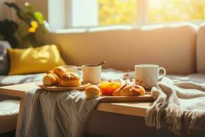 confortable petit déjeuner plateau ensoleillé Matin. produire ai photo