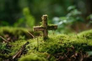 traverser la tombe mousse forêt. produire ai photo