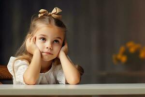 peu fille séance à le table et rêveur. ai généré photo