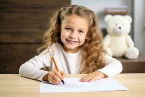 peu fille dessin avec des crayons tandis que séance à table à maison. ai généré photo