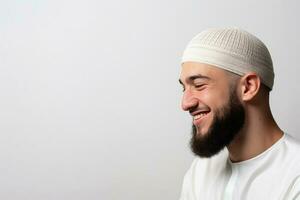 musulman homme avec barbe portant blanc kufi. ai généré photo