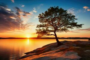 pin arbre sur une rocheux rive à le coucher du soleil. ai généré photo