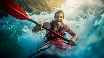 content et excité homme équitation petit bateau par le vagues photo