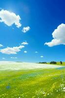 une ensoleillé Prairie de fleurs sauvages, avec une brillant bleu ciel à pois avec duveteux blanc des nuages. photo