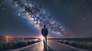 une homme en marchant sur une rue avec une vue de nuit ciel et galaxie. ai généré image. photo