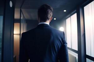 homme d'affaire dans costume en marchant vers le bas couloir dans bureau. arrière vue de un méconnaissable élégant homme dans un Bureau bâtiment à l'intérieur. génératif ai photo