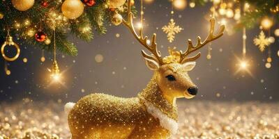Noël décorations de bokeh avec or briller particules et or renne dans le arrière-plan, génératif ai. photo
