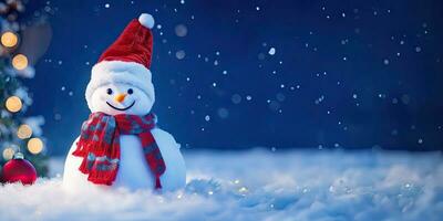 le bonhomme de neige avec rouge chapeau et écharpe est permanent dans le neige, génératif ai. photo