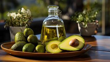 Avocat pétrole sur une table dans une verre bouteille sur une Contexte de verdure génératif ai photo