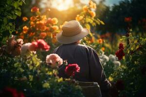 vieux femme jardinier dans paille chapeau repos dans fleur jardin sur ensoleillé jour, séance sur banc dans la nature. vacances dans retraite. fermer, vue de le dos. génératif ai photo
