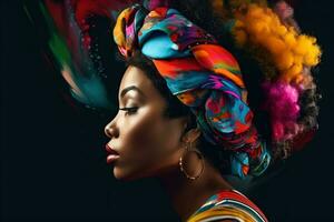 la féminité, femelle beauté concept. porter profil de une noir afro femme avec brillant couleurs de peindre sur sa coiffure. génératif ai photo