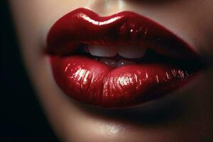 fermer de grand sensuel lèvres de caucasien femme et riches rouge rouge à lèvres. beauté, femelle produits de beauté, se maquiller. génératif ai photo