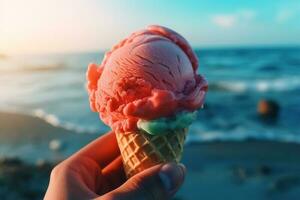 fermer de main en portant coloré scoop de la glace crème dans gaufre cône sur ensoleillé journée à plage. génératif ai photo