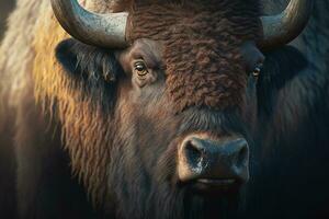 bison, fermer museau de cornu artiodactyle animal. génératif ai photo