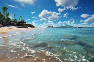 vert océan avec doux vagues, sablonneux rivage, duveteux blanc des nuages dans brillant bleu ciel. ai génératif photo