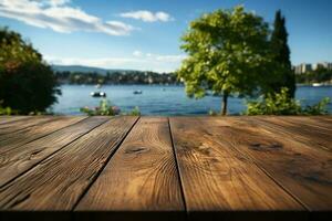 bois table sur proche en haut Lac brouiller sur le Contexte. Naturel après midi lumière du soleil. ai génératif photo