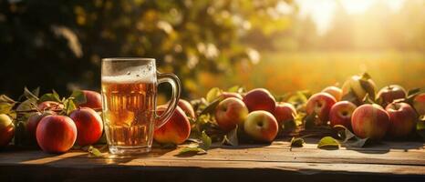 Pomme Cidre sur table avec pommes photo