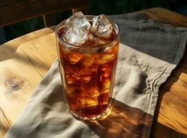 un la glace Cola dans une verre sur une sac table photo