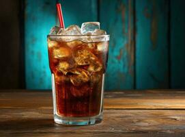 un la glace Cola dans une verre sur une sac table photo