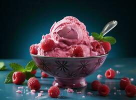 la glace crème avec framboises photo