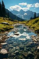 été. Soleil. agréable temps. la photographie. Montagne lac. ai génératif photo