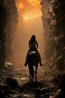 crépuscule Aphrodite équitation une cheval sur le bord de le abîme dans texturé mégapoubelle à pois style. ai génératif photo