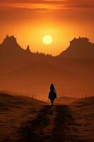 une la personne monte une cheval dans silhouette à le coucher du soleil. ai génératif photo