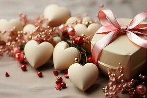 content valentines journée bannière. rose et or cœurs déjouer des ballons avec cadeaux sur rose bokeh valentines journée Contexte. ai génératif photo