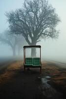 solitaire rural autobus Arrêtez dans le Matin brume. ai génératif photo