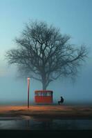 solitaire rural autobus Arrêtez dans le Matin brume. ai génératif photo