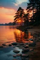 une scène de une pastel coloré le coucher du soleil reflétant sur une serein lac. ai génératif photo