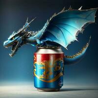 une un soda pouvez avec une en volant dragon photo