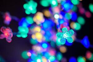 lumières colorées bokeh de guirlandes de fleurs lumineuses décoratives en vacances, lumières multicolores photo