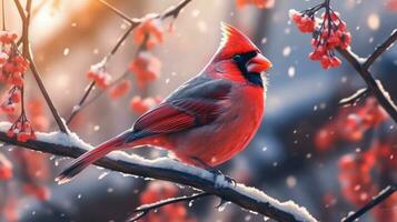 cardinal sur une neigeux branche d'arbre ai généré photo