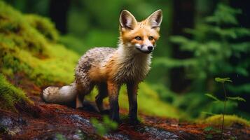 peu Renard dans pluie forêt ai généré photo