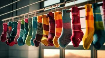 coloré chaussettes pendaison à sec ai généré photo