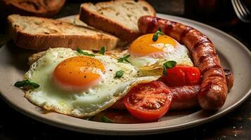 petit déjeuner avec une frit Oeuf et saucisse ai généré photo