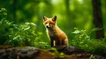 peu Renard dans pluie forêt ai généré photo