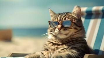 chat portant des lunettes de soleil séance sur le plage ai généré photo