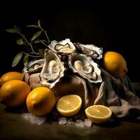 Frais Huîtres avec citron ai généré photo