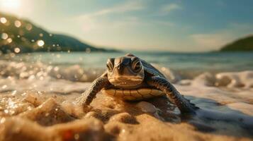 bébé tortue sur le plage ai généré photo