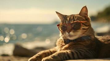 chat portant des lunettes de soleil séance sur le plage ai généré photo