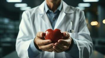 médecin en portant rouge cœur dans mains concept ai généré photo