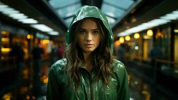 une femme dans une vert pluie manteau ai généré photo